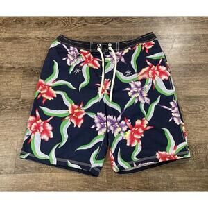 Tommy Hilfiger Men’s Hawaiian Navy Floral Print Swim Trunks Shorts Lined XL